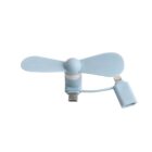 A small, light blue USB fan with two blades and a dual connector for USB-C and Lightning ports.