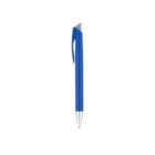 A sleek blue pen with a silver tip and a triangular silver clip at the top, isolated on a white background.