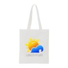 A white tote bag with a colorful design of a sun and a blue wave. Below the design, the text reads Lorem Ipsum.