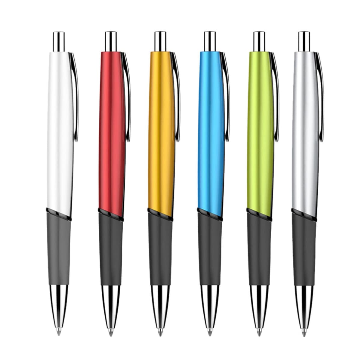 A row of six ballpoint pens with silver tips and clips. The barrels are colored white, red, yellow, blue, green, and gray. Each pen has a black grip section. The pens are neatly aligned against a white background.
