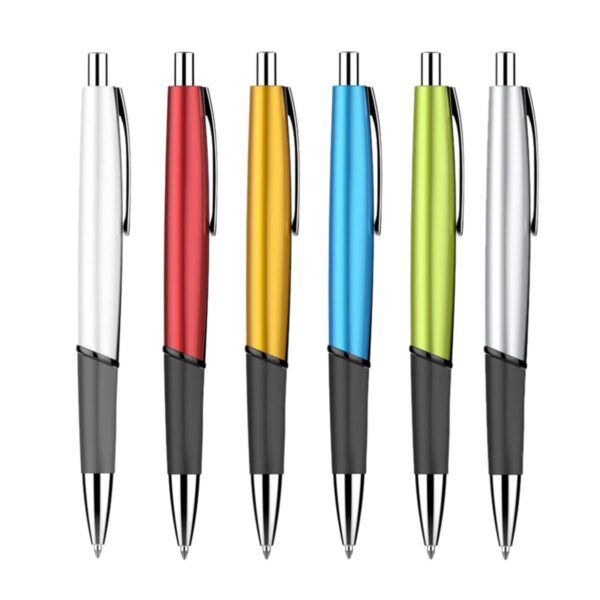 Six ballpoint pens are shown in a row. They feature silver tips and clips, with black grips. The pen bodies are colored white, red, yellow, blue, green, and silver from left to right.