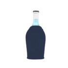 A light blue glass bottle is partially covered with a dark blue neoprene sleeve, commonly used as an insulated cover or cooler for beverages. The bottle is topped with a black, ridged cap, and the background is plain white.