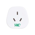 White power plug adapter with three prongs arranged in a triangular formation. The adapter features a green logo with stylized letters. The background is plain white.