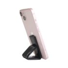 A pink smartphone with dual cameras on a black stand, positioned at a slight angle. The phones screen is not visible, and the camera lenses and side buttons are clearly shown against a white background.