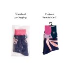 Image showing two packaging options for socks. Left: Standard packaging with a clear plastic bag revealing pink and navy socks with a lotus design. Right: Custom header card packaging with similar socks, featuring a branded cardboard hanger.