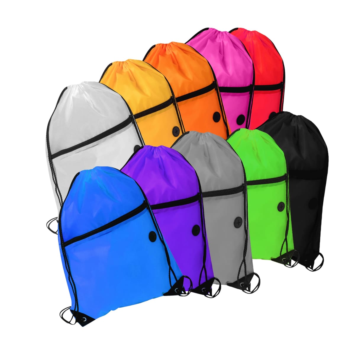 A collection of nine drawstring bags in various colors, including white, yellow, orange, pink, blue, purple, gray, green, and black. Each bag has a black drawstring and black eyelets.