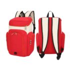Two views of a red and white backpack. The front view shows zippered compartments and pockets, while the back view displays adjustable black straps and a cushioned back panel. The design is simple and functional.