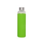 A transparent glass water bottle with a silver screw cap and a bright green silicone sleeve covering its body, set against a plain white background.