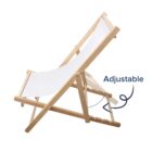 A wooden deck chair with a white fabric seat is shown in a side view. A dashed arrow points to the adjustable backrest feature, labeled Adjustable.