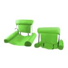 Two bright green inflatable pool chairs with backrests and side armrests, shown from the front and side. The design includes straps and rounded ends for support, set against a plain white background.