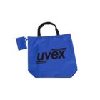 A blue reusable tote bag with black handles and a small attached pouch. The bag features the word uvex printed in large black letters on the front.