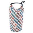 A cylindrical bag with a drawstring closure and a carabiner clip. The bag is covered in a repeating pattern featuring GIN INC, OASIS, SEMINOLE, TX, and various colorful symbols like Texas shapes and circles.