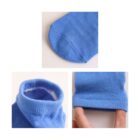 Collage of a blue sock: top image shows the toe area, bottom left image displays the cuff opening, and bottom right image illustrates someone stretching the fabric.