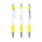 Three ballpoint pens are displayed vertically side by side. Each pen has a white body with yellow accents on the clip and grip, and a silver tip and clicker. The pens are shown from different angles.