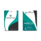 A two-sided business card with a teal, black, and white wavy design. One side shows the company name and website. The other side displays a name, Graphic Designer, and placeholders for address, phone, and email.