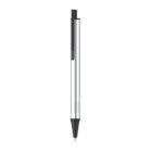 A sleek silver pen with a black clicker and grip is shown upright against a plain white background.