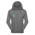 Gray windbreaker jacket with a hood and long sleeves. The jacket features a small logo on the chest with a rocket design above the word ROCKET. The material appears lightweight and suitable for outdoor activities.