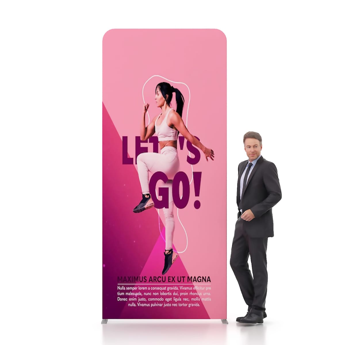Man in a suit stands next to a large pink banner featuring a woman in athletic wear jumping, with bold text LETS GO! in purple. The banner has placeholder text at the bottom. The background is plain white.