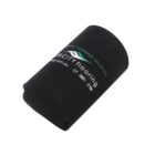 A rolled-up black fabric item with white and teal text. The text includes a web address and phone number, along with the words FLOORING SOLUTIONS and CITY flooring.