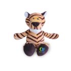 A plush toy tiger with orange and black stripes, white accents on the snout and ears, and brown paw pads. The tiger is sitting with outstretched arms. A logo with the text Skin Care is visible on its left leg.
