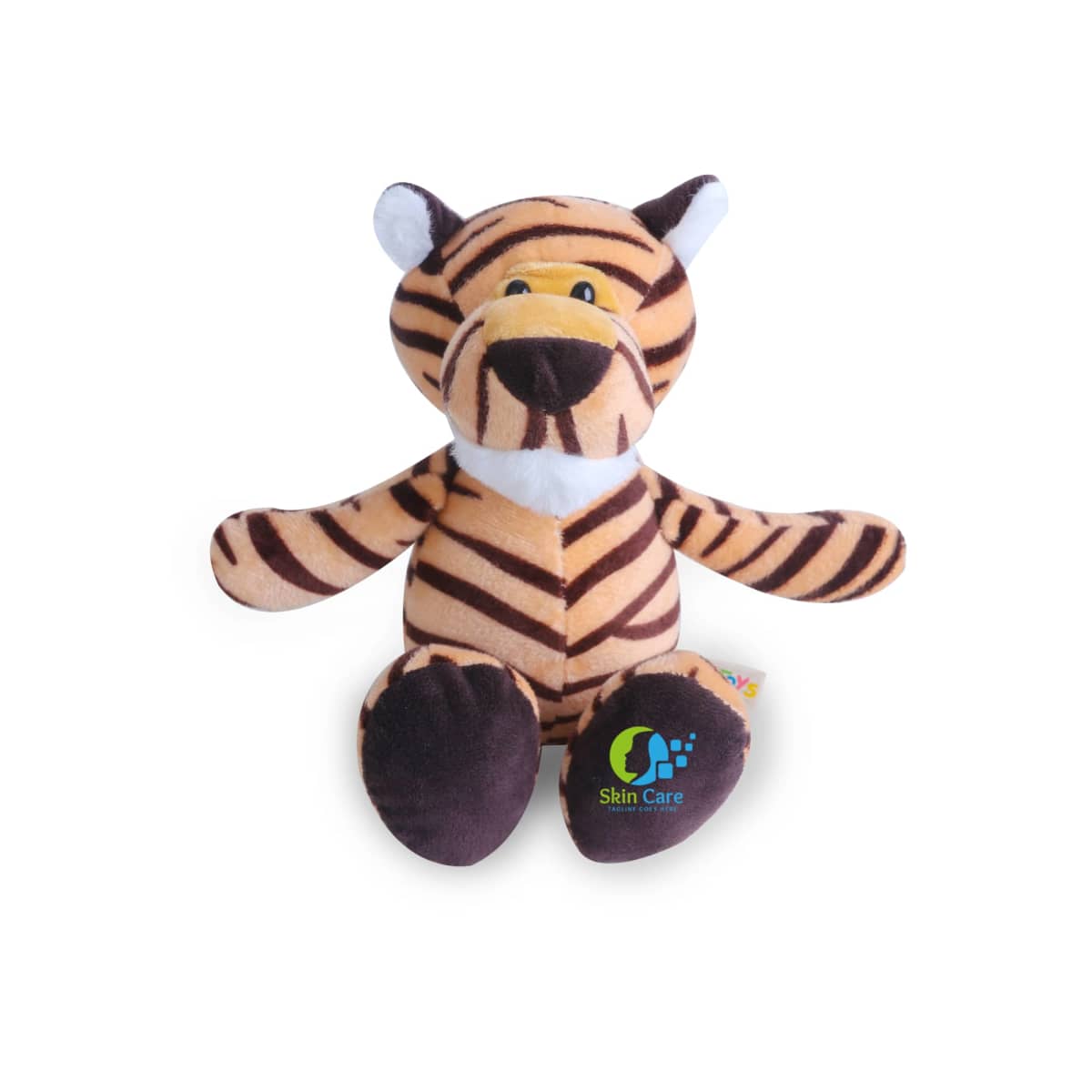 A plush toy tiger with orange and black stripes, white accents on the snout and ears, and brown paw pads. The tiger is sitting with outstretched arms. A logo with the text Skin Care is visible on its left leg.
