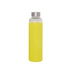 A clear glass water bottle with a silver screw-on cap and a bright yellow silicone sleeve covering the lower portion. The bottle is standing upright on a plain white background.