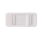 A small, rectangular white plastic webcam cover with a sliding mechanism. The cover consists of two parts: a larger rectangle with a cut-out window and a smaller rectangle that slides to expose or cover the window.