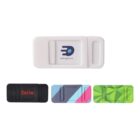 Four laptop webcam covers are shown. The top one is white with a logo and Lorem Ipsum text. Below are covers in black with Zerto, a colorful geometric pattern, and a green and blue geometric design.
