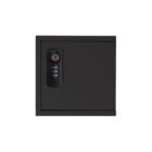 Black square electronic safe with keypad lock on a white background.