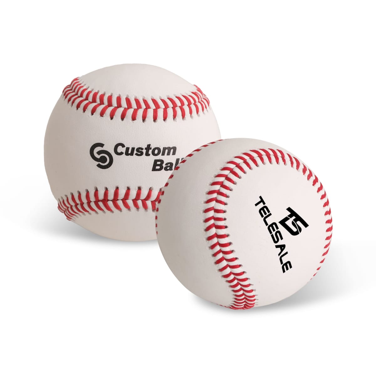 Two white baseballs with red stitching. The left ball has Custom Baseball in black text with a circular logo. The right ball features the TELESALE logo in black, along with a 15 numeral and stylized design.