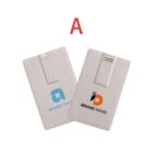 Two rectangular USB flash drives with a white finish, each featuring a different logo and the text BRAND NAME in blue and orange. A large red letter A is above the drives, set on a plain white background.