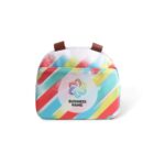 Colorful lunch bag with diagonal stripes in red, blue, and yellow. Brown handles and a logo in the center with Business Name text.