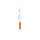 A retractable ballpoint pen with a white body and an orange rubber grip section. It features a silver clip and a silver nib. The pen is centered on a plain white background.