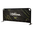 A black barrier with a design featuring curved yellow lines and the text Currently Offline in the center. Below is a placeholder for a Twitch username and social media icons for Twitch, Twitter, and Instagram.