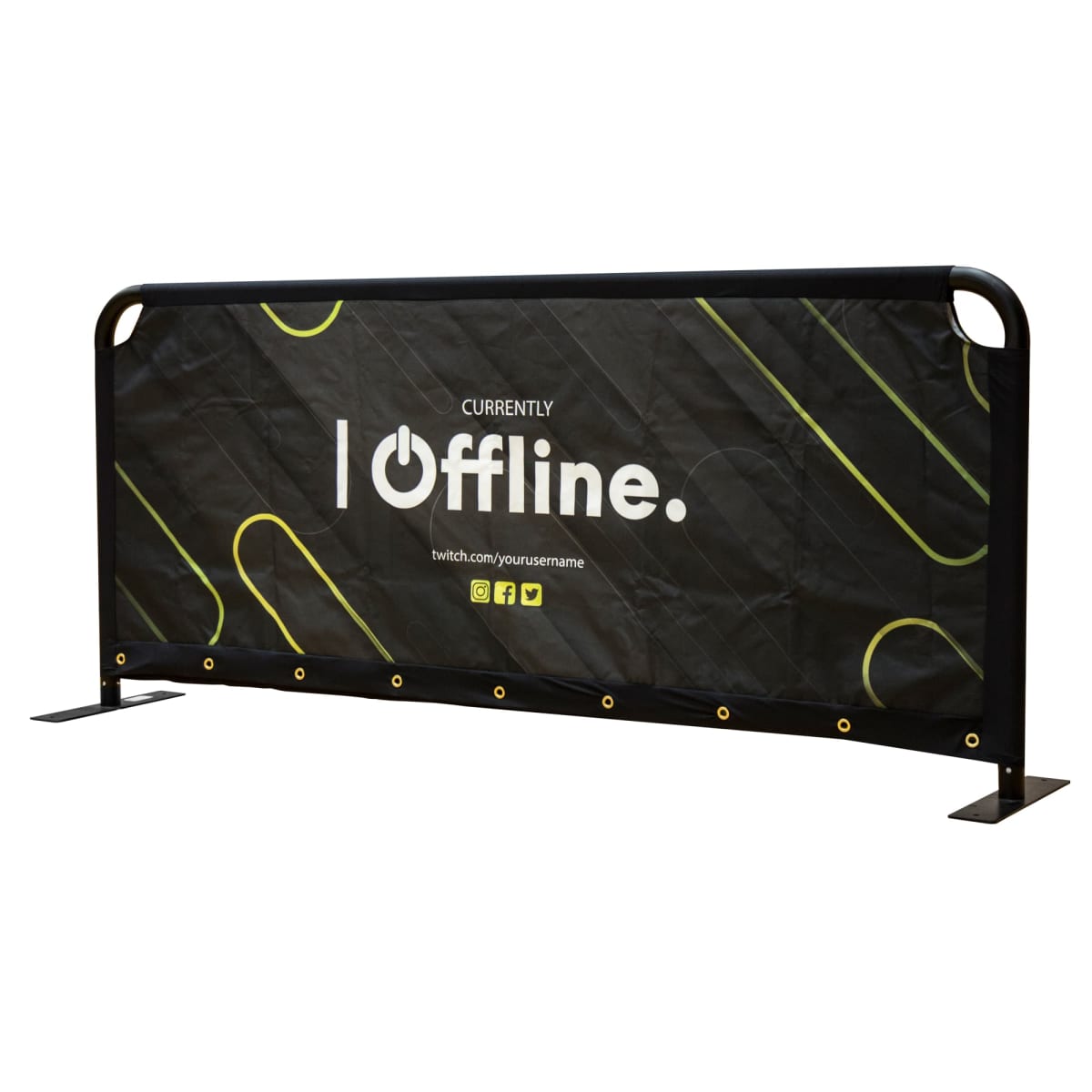 A black barrier with a design featuring curved yellow lines and the text Currently Offline in the center. Below is a placeholder for a Twitch username and social media icons for Twitch, Twitter, and Instagram.