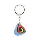 A keychain with a colorful pendant featuring an abstract, swirling design in red, yellow, black, and blue. The pendant is attached to a silver keyring by a short chain.