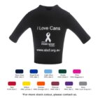 Black insulated sleeve shaped like a shirt with I Love Cans and www.sbccf.org.au on it. Below, there are swatches showing various colors like Navy, Royal Blue, Light Blue, Green, and more. Text indicates availability of more colors upon contact.