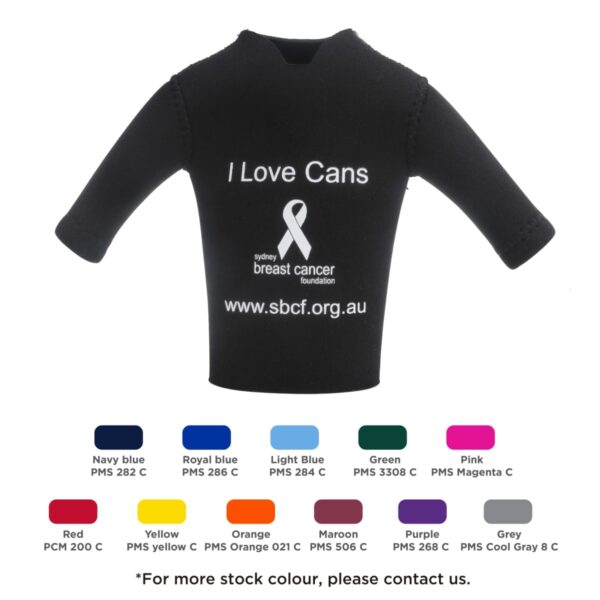 Black neoprene can cooler shaped like a short-sleeve shirt. It has I Love Cans and a website address printed in white. Below, there is a color palette with 12 color chips, each labeled with a color name and PMS code.