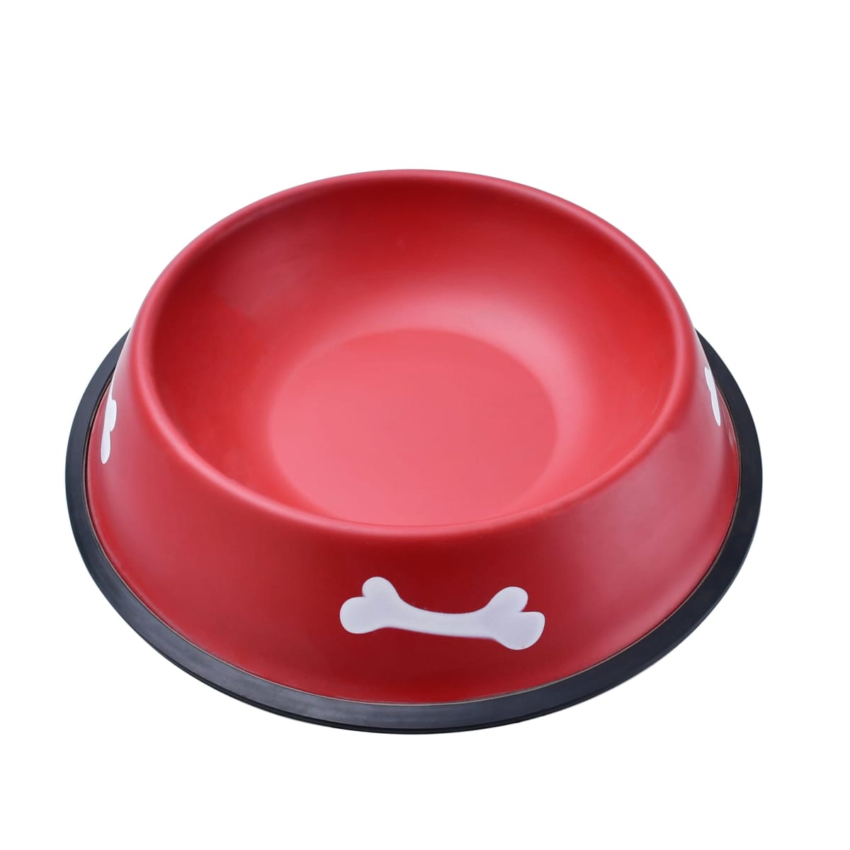 A red pet bowl with a black base featuring white bone designs on its sides.