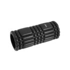 Black grid-patterned foam roller for muscle massage on a white background.
