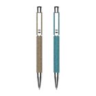 Two ballpoint pens with textured grips are shown against a white background. One pen has a brown grip and the other has a blue grip. Both have silver clips and tips.