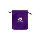 A small purple drawstring bag featuring a white logo and the text startup ideas on the front. The bag is closed, with the strings tied at the top.
