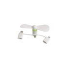 Small white USB fan with two white propeller blades, a green accent, and a multi-connector adapter featuring USB-C, micro USB, and lightning connections.