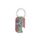 Dog tag-shaped bottle opener keychain with a distressed design featuring a black and white dog silhouette against red and green stripes. The text Drink Up! MD Winter Tasting is partially visible.