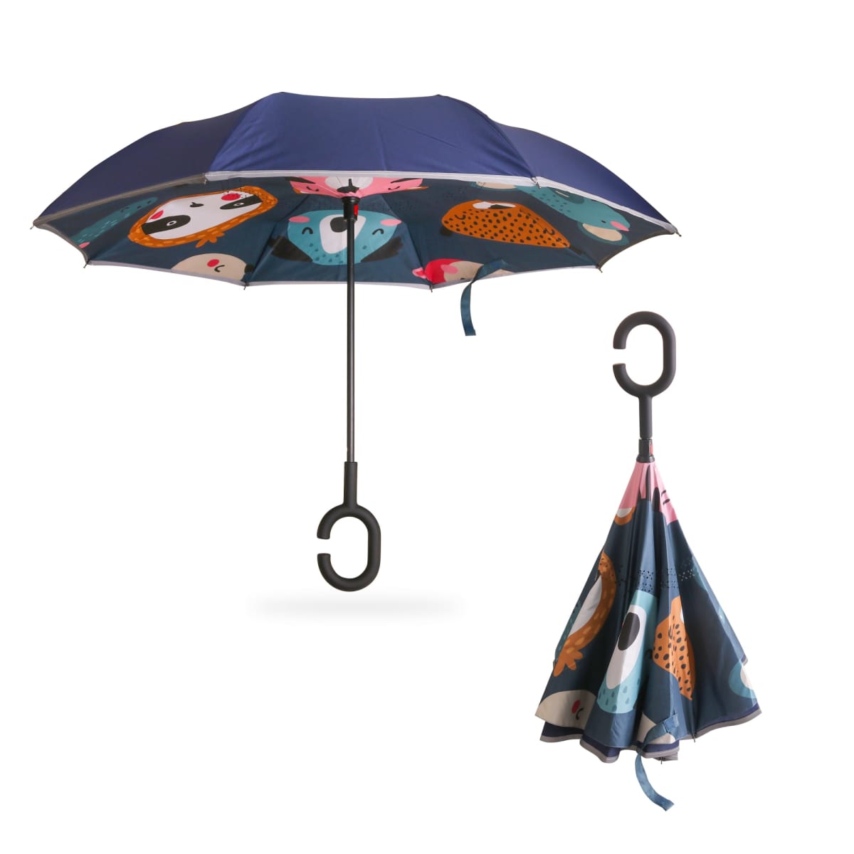 A blue umbrella with a unique inverted design, featuring colorful cartoon animal faces on the inside. The handle is shaped like a hook, and a separate image shows the umbrella folded, highlighting the vibrant interior pattern.