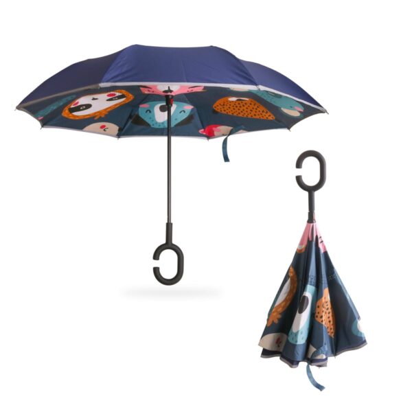 A blue umbrella with a C-shaped handle, displaying cute animal illustrations on the interior, including a panda and a fox. Next to it, the umbrella is shown closed, standing upright on its handle.