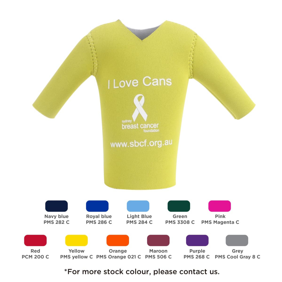 A yellow beverage cooler with the text I Love Cans and a white ribbon logo for the Sydney Breast Cancer Foundation. Below, theres a URL. Color swatches for various cooler colors are shown beneath.