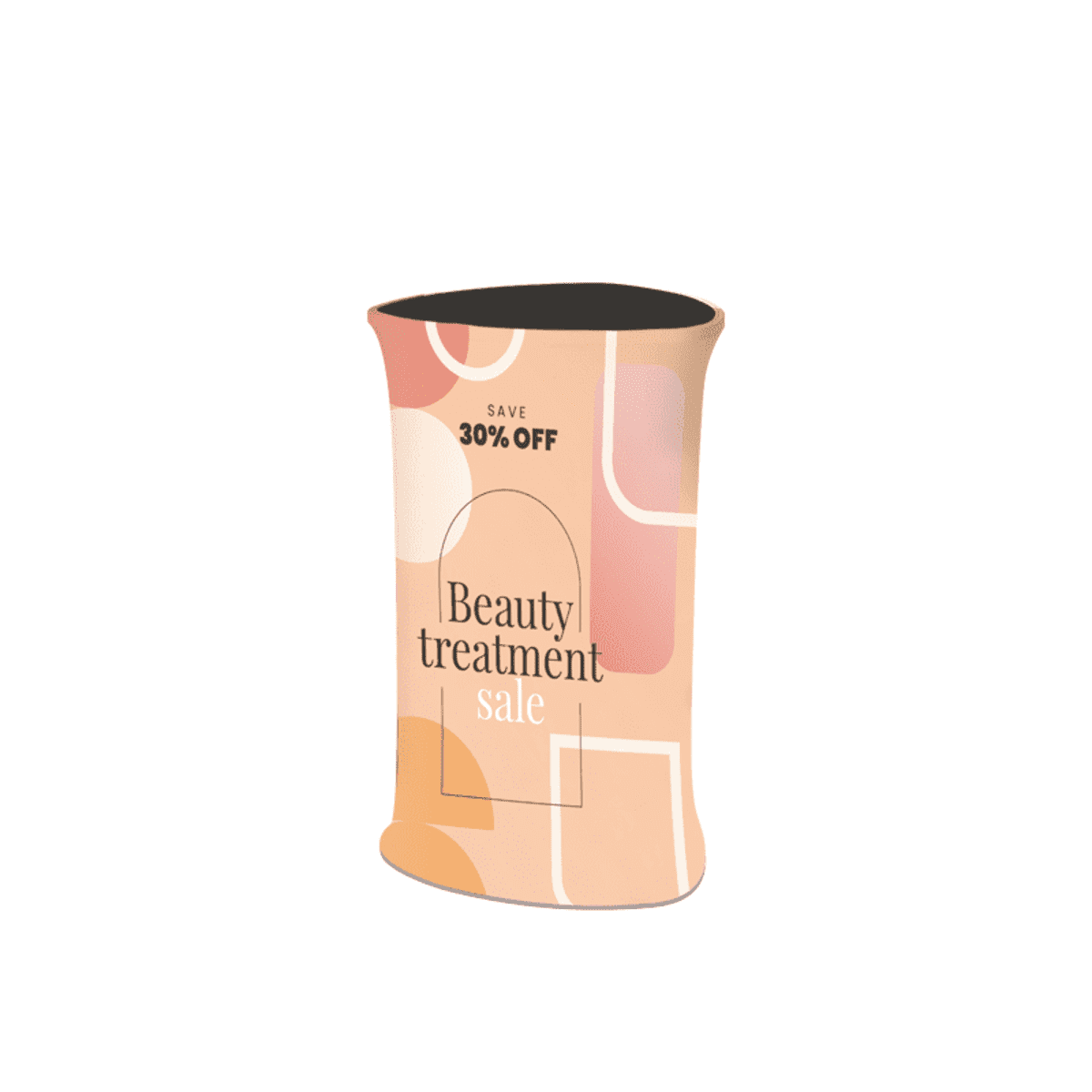 Graphic of a cylindrical beauty product container with a geometric pattern in pink, peach, and cream. Text reads Save 30% Off and Beauty treatment sale in the center.