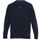 A navy blue long-sleeve sweater with a half-zip closure and a collar. The sweater has a ribbed texture at the cuffs and hem, and a small rectangular leather patch is sewn near the bottom hem.