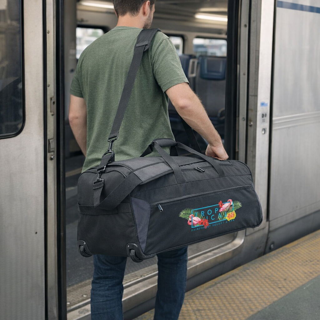 Man boards train with Forms Corporate Travel Duffle Bag, ready for his next adventure.